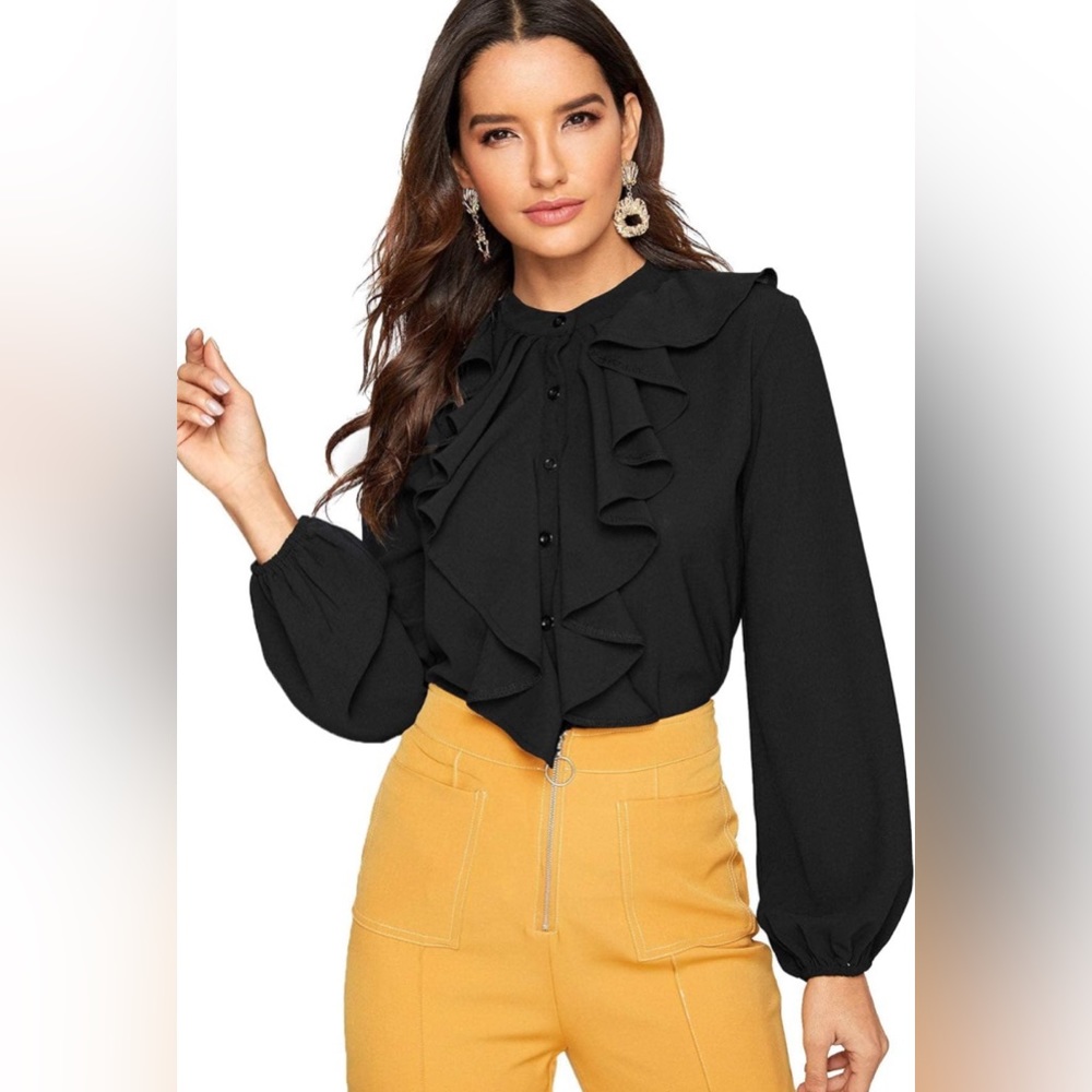 Black Long Sleeve Button Down Ruffle Casual Dressy Shirt Blouse Top